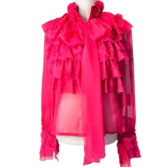 #A125 FOR HER NYC Barbiecore Hot Pink Ruffle Organza Romantic Blouse NWT M - Picture 1 of 12